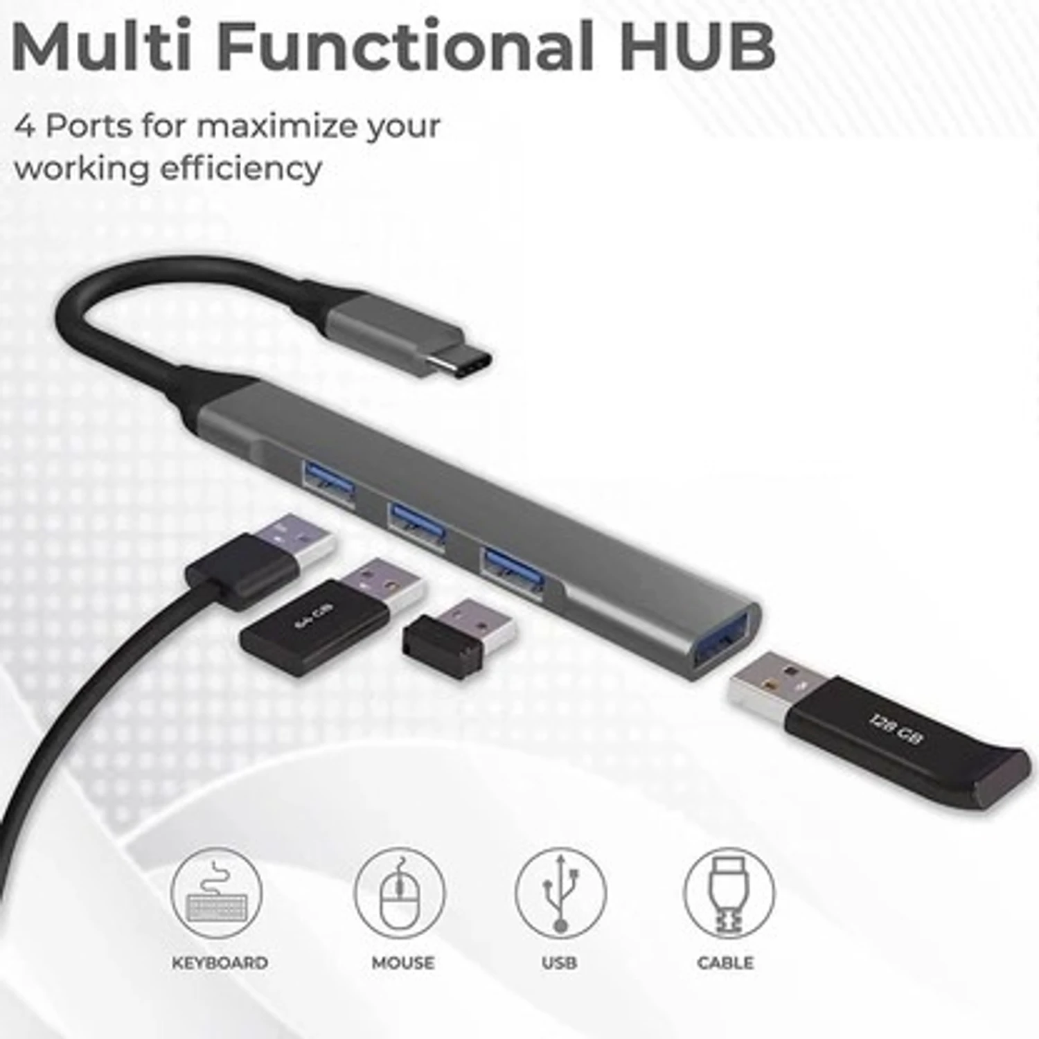 Type C USB Hub, 4 USB Ports, 3 USB 2.0, 1 USB 3.0 - Image 2