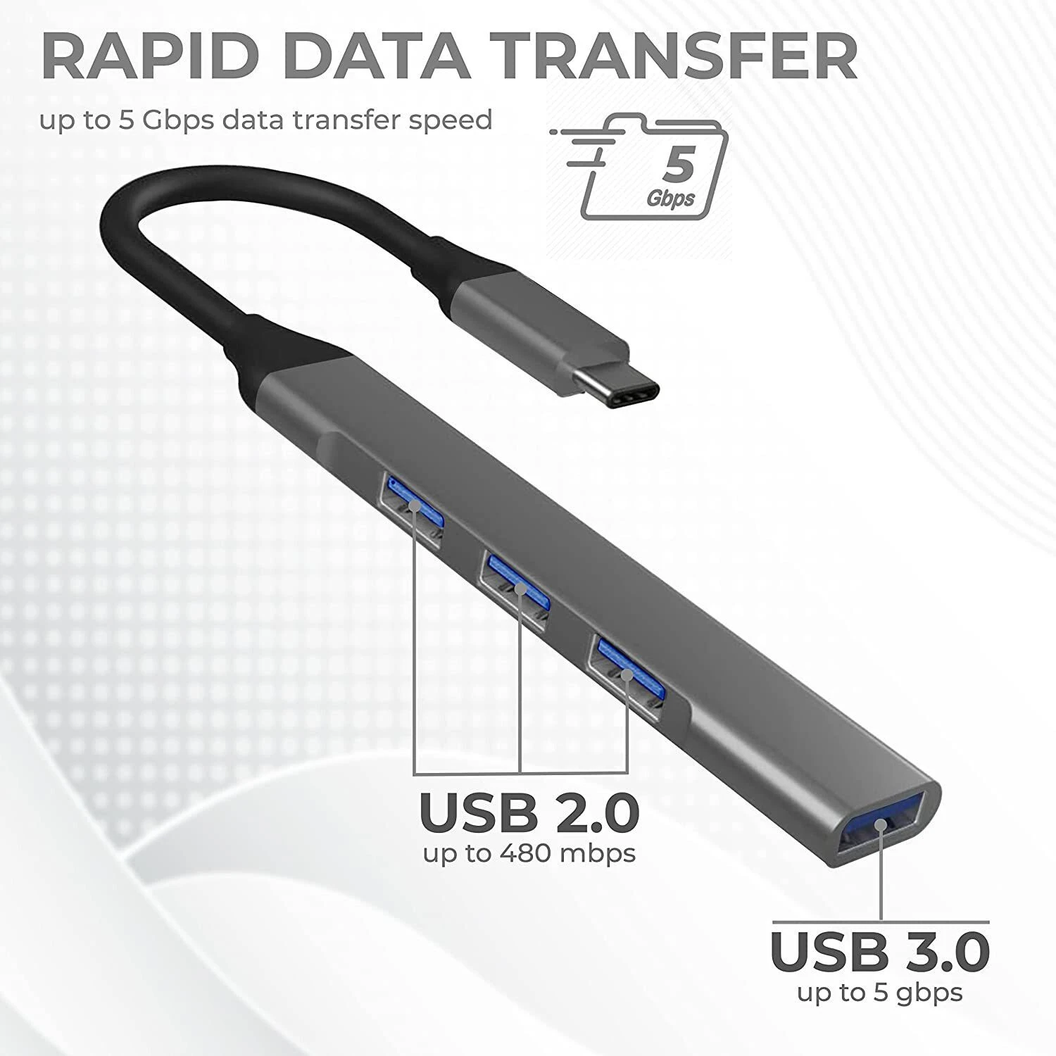 Type C USB Hub, 4 USB Ports, 3 USB 2.0, 1 USB 3.0 - Image 3